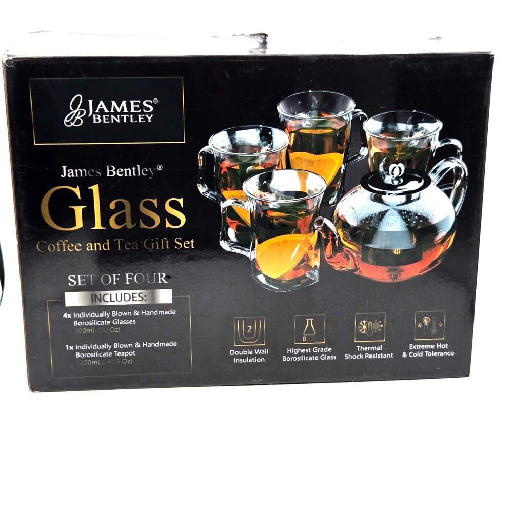 James Bentley Glass Coffee and Tea Gift Set 40 oz TeaPot Four 10 oz cups. Blown